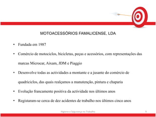 MOTOACESSÓRIOS FAMALICENSE, LDA

• Fundada em 1987

• Comércio de motociclos, bicicletas, peças e acessórios, com representações das

   marcas Microcar, Aixam, JDM e Piaggio

• Desenvolve todas as actividades a montante e a jusante do comércio de

   quadriciclos, das quais realçamos a manutenção, pintura e chaparia

• Evolução francamente positiva da actividade nos últimos anos

• Registaram-se cerca de dez acidentes de trabalho nos últimos cinco anos

                             Higiene e Segurança no Trabalho                       9
 
