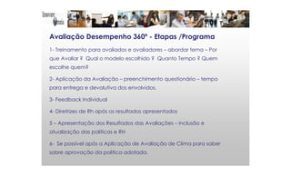 Avaliação Desempenho 360º - Etapas /Programa
1- Treinamento para avaliados e avaliadores – abordar tema – Por
que Avaliar ? Qual o modelo escolhido ? Quanto Tempo ? Quem
escolhe quem?
2- Aplicação da Avaliação – preenchimento questionário – tempo
para entrega e devolutiva dos envolvidos.
3- Feedback Individual
4- Diretrizes de Rh após os resultados apresentados
5 – Apresentação dos Resultados das Avaliações – inclusão e
atualização das politicas e RH
6- Se possível após a Aplicação de Avaliação de Clima para saber
sobre aprovação da politica adotada.
 