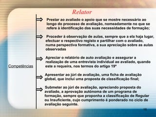 Relator   Prestar ao avaliado o apoio que se mostre necessário ao   longo do processo de avaliação, nomeadamente no que se    refere à identificação das suas necessidades de formação;   Proceder à observação de aulas, sempre que a ela haja lugar,    efectuar o respectivo registo e partilhar com o avaliado,   numa perspectiva formativa, a sua apreciação sobre as aulas    observadas   Apreciar o relatório de auto avaliação e assegurar a    realização de uma entrevista individual ao avaliado, quando Competências   este a requeira, nos termos do artigo 19º   Apresentar ao júri de avaliação, uma ficha de avaliação   global, que inclui uma proposta de classificação final;   Submeter ao júri de avaliação, apreciando proposta do   avaliado, a aprovação autónoma de um programa de   formação, sempre que proponha a classificação de Regular    ou Insuficiente, cujo cumprimento é ponderado no ciclo de    avaliação seguinte. 