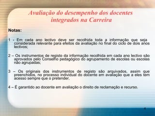 Avaliação do desempenho dos docentes  integrados na Carreira Notas:   1 - Em cada ano lectivo deve ser recolhida toda a informação que seja  considerada relevante para efeitos da avaliação no final do ciclo de dois anos lectivos; 2 – Os instrumentos de registo da informação recolhida em cada ano lectivo são aprovados pelo Conselho pedagógico do agrupamento de escolas ou escolas não agrupadas; 3 – Os originais dos instrumentos de registo são arquivados, assim que preenchidos, no processo individual do docente em avaliação que a eles tem acesso sempre que o pretender. 4 – É garantido ao docente em avaliação o direito de reclamação e recurso. 