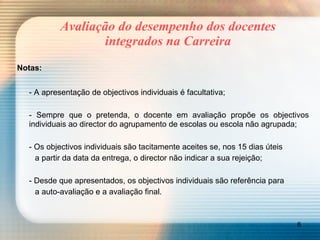 Avaliação do desempenho dos docentes integrados na Carreira Notas:   - A apresentação de objectivos individuais é facultativa; - Sempre que o pretenda, o docente em avaliação propõe os objectivos individuais ao director do agrupamento de escolas ou escola não agrupada; - Os objectivos individuais são tacitamente aceites se, nos 15 dias úteis  a partir da data da entrega, o director não indicar a sua rejeição; - Desde que apresentados, os objectivos individuais são referência para  a auto-avaliação e a avaliação final. 