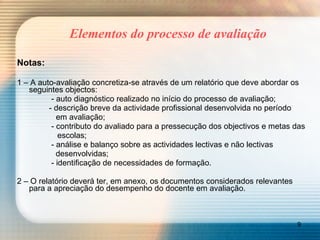 Elementos do processo de avaliação Notas: 1 – A auto-avaliação concretiza-se através de um relatório que deve abordar os seguintes objectos:     - auto diagnóstico realizado no início do processo de avaliação;   - descrição breve da actividade profissional desenvolvida no período   em avaliação;     - contributo do avaliado para a pressecução dos objectivos e metas das  escolas;     - análise e balanço sobre as actividades lectivas e não lectivas    desenvolvidas;     - identificação de necessidades de formação. 2 – O relatório deverá ter, em anexo, os documentos considerados relevantes para a apreciação do desempenho do docente em avaliação. 