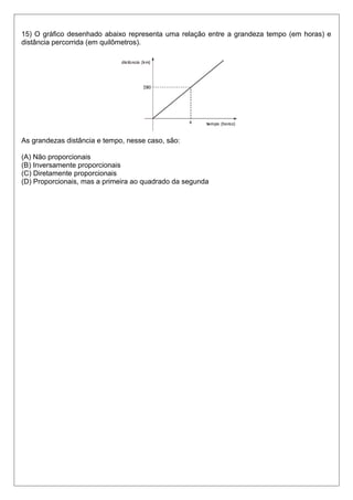 15) O gráfico desenhado abaixo representa uma relação entre a grandeza tempo (em horas) e
distância percorrida (em quilômetros).
As grandezas distância e tempo, nesse caso, são:
(A) Não proporcionais
(B) Inversamente proporcionais
(C) Diretamente proporcionais
(D) Proporcionais, mas a primeira ao quadrado da segunda
 