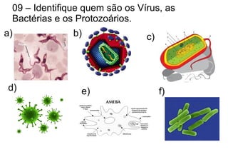 09 – Identifique quem são os Vírus, as
Bactérias e os Protozoários.
a) b) c)
d) e) f)
 