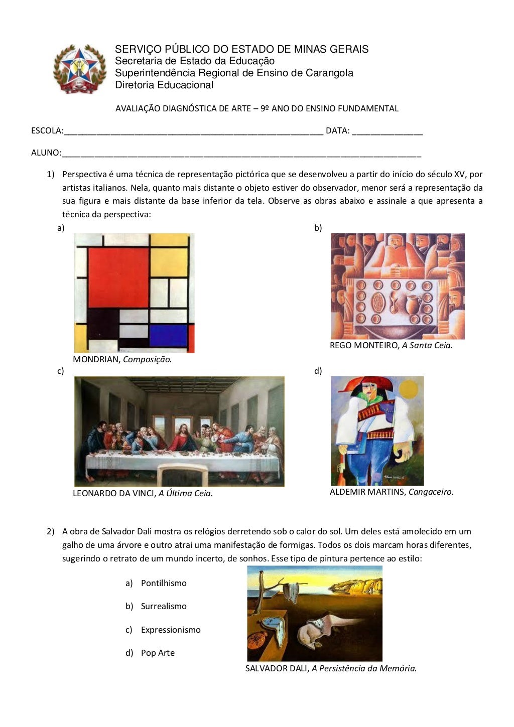 Avaliação Diagnóstica De Arte 9o Ano Com Gabarito