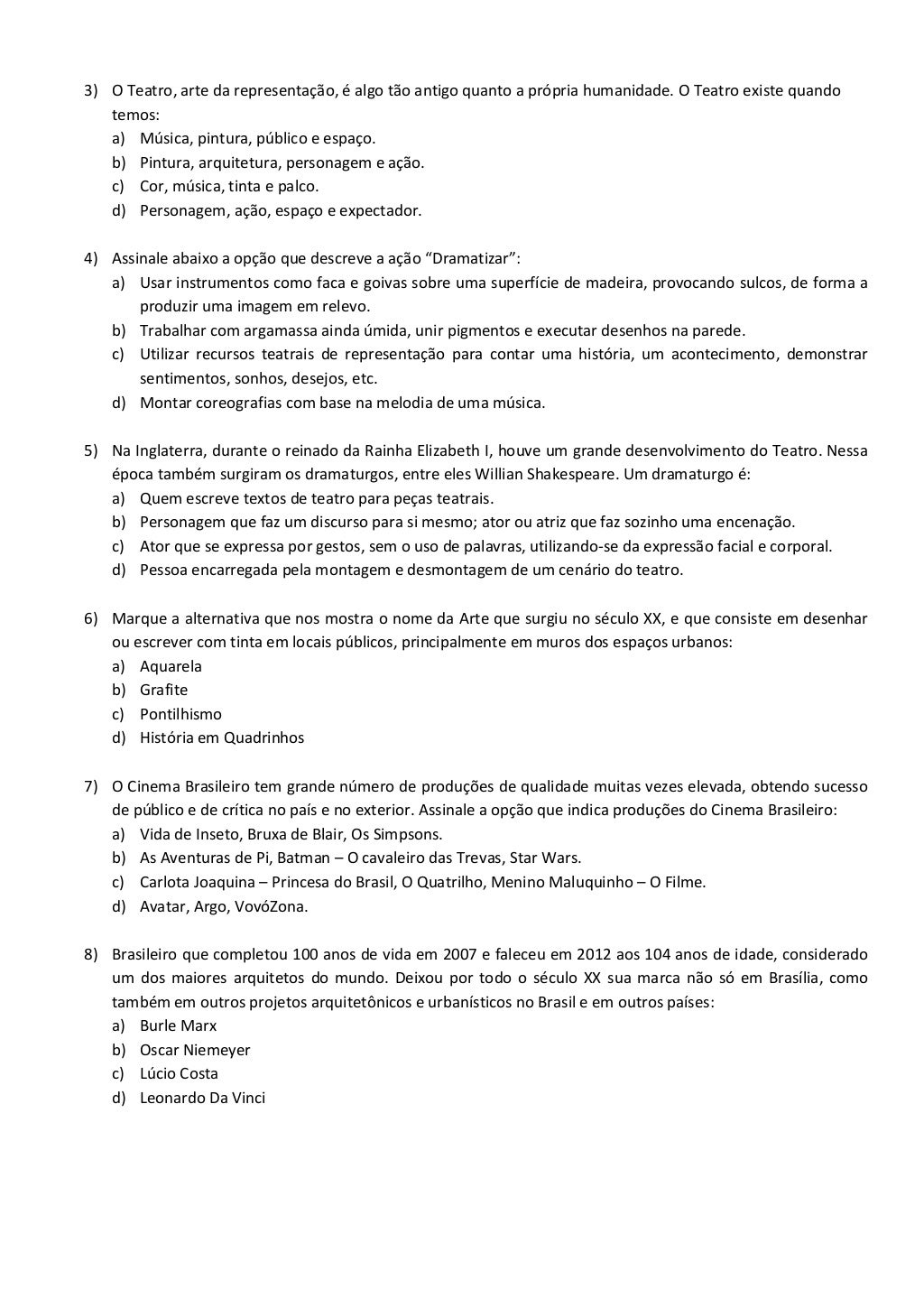 Avaliação Diagnóstica De Arte 9o Ano Com Gabarito