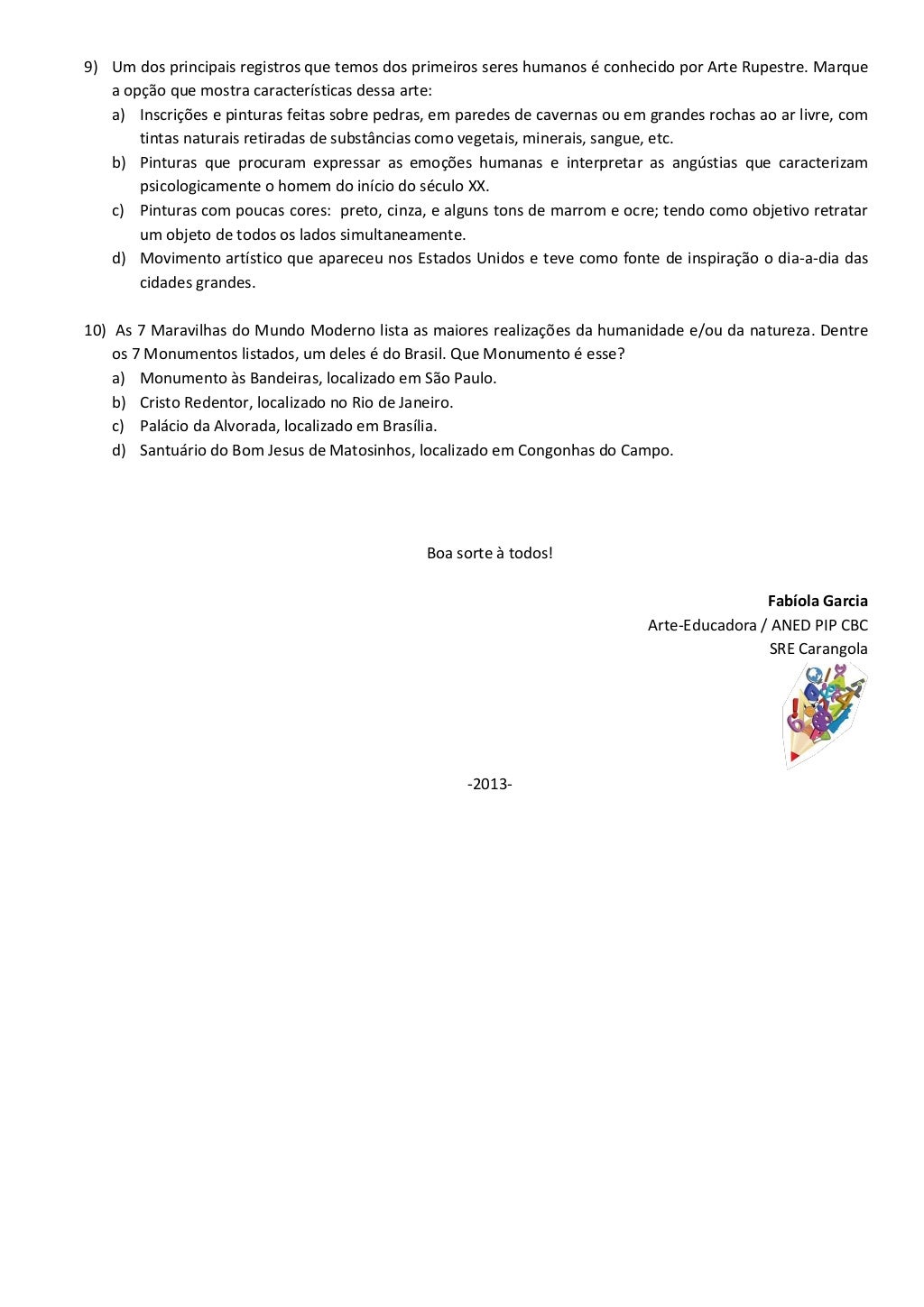 Avaliação Diagnóstica De Arte 9o Ano Com Gabarito