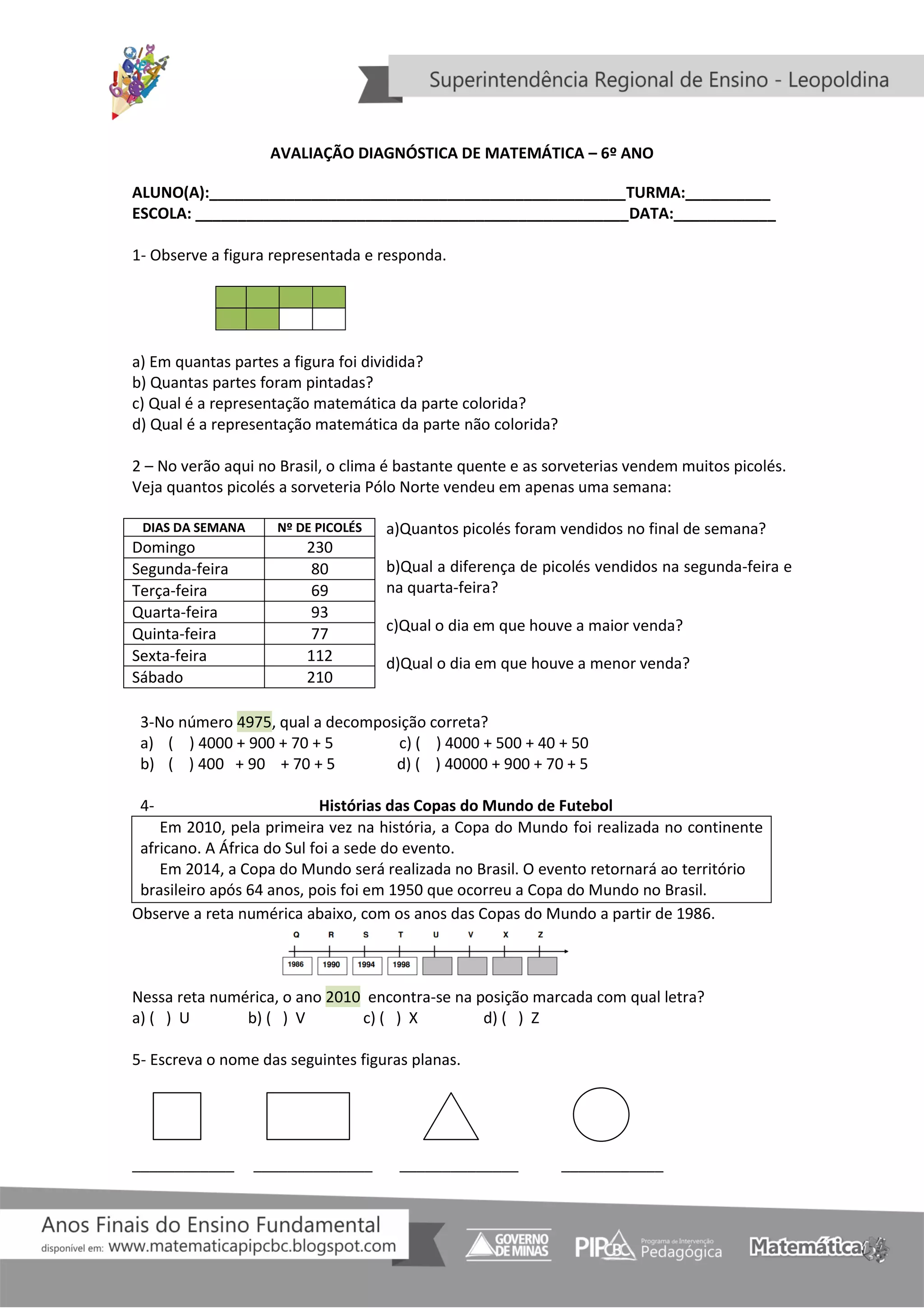 Avaliação diagnóstica de matemática aberta-6º ano | PDF