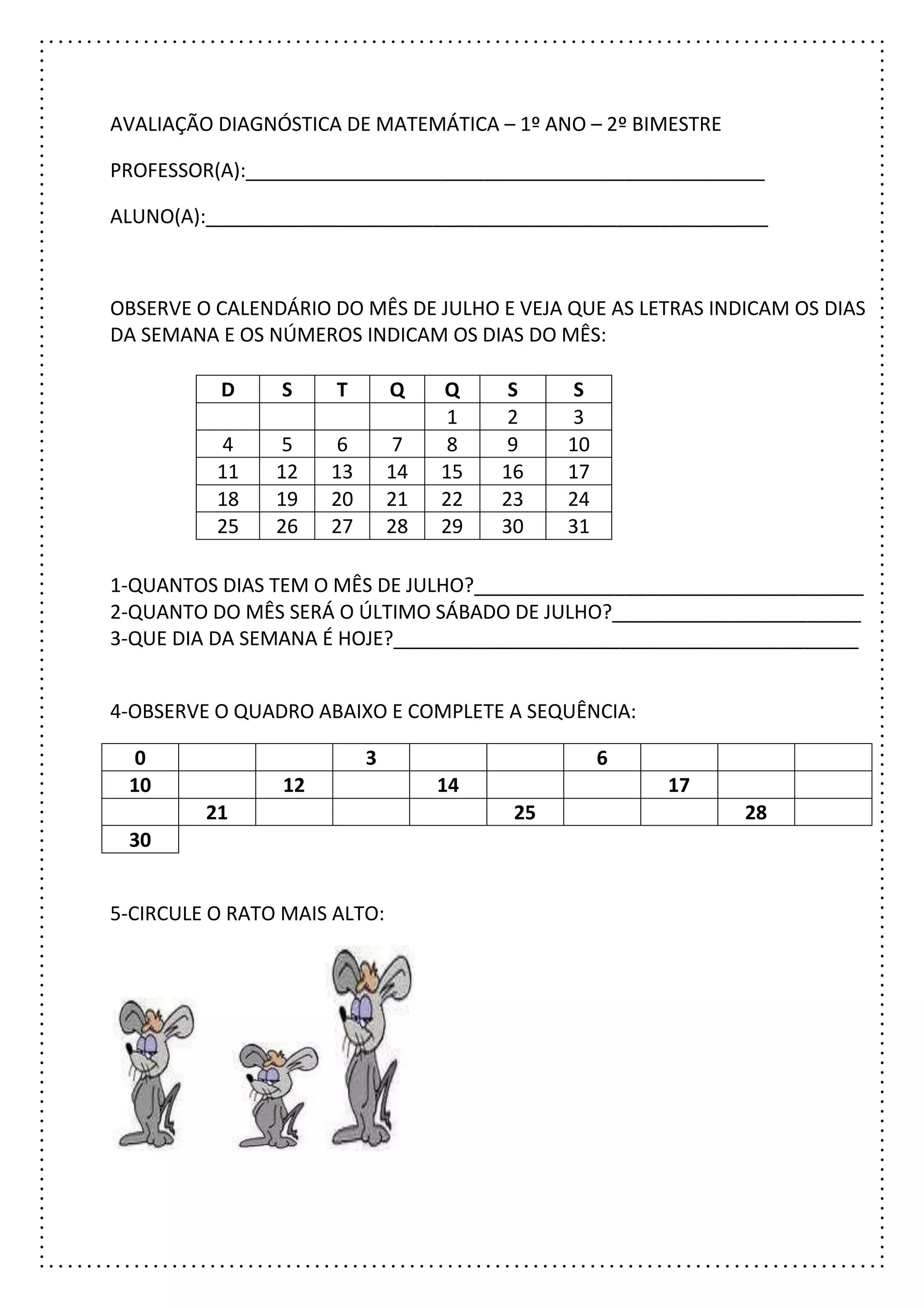 Avaliação diagnóstica mat. 1º ano 2º bimestre | DOCX