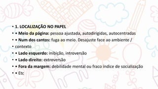 • 1. LOCALIZAÇÃO NO PAPEL
• • Meio da página: pessoa ajustada, autodirigidas, autocentradas
• • Num dos cantos: fuga ao meio. Desajuste face ao ambiente /
• contexto
• • Lado esquerdo: inibição, introversão
• • Lado direito: extroversão
• • Fora da margem: debilidade mental ou fraco índice de socialização
• • Etc
 