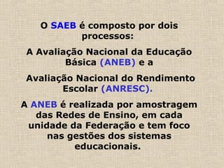 O SAEB é composto por dois
processos:
A Avaliação Nacional da Educação
Básica (ANEB) e a
Avaliação Nacional do Rendimento
Escolar (ANRESC).
A ANEB é realizada por amostragem
das Redes de Ensino, em cada
unidade da Federação e tem foco
nas gestões dos sistemas
educacionais.
 