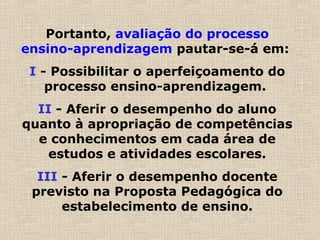 Portanto, avaliação do processo
ensino-aprendizagem pautar-se-á em:
I - Possibilitar o aperfeiçoamento do
processo ensino-aprendizagem.
II - Aferir o desempenho do aluno
quanto à apropriação de competências
e conhecimentos em cada área de
estudos e atividades escolares.
III - Aferir o desempenho docente
previsto na Proposta Pedagógica do
estabelecimento de ensino.
 