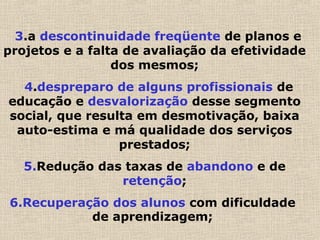   3.a descontinuidade freqüente de planos e
projetos e a falta de avaliação da efetividade
dos mesmos;
4.despreparo de alguns profissionais de
educação e desvalorização desse segmento
social, que resulta em desmotivação, baixa
auto-estima e má qualidade dos serviços
prestados;
5.Redução das taxas de abandono e de
retenção;
6.Recuperação dos alunos com dificuldade
de aprendizagem;
 