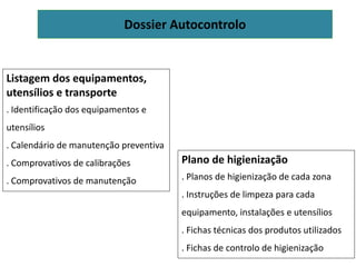 Dossier Autocontrolo
Listagem dos equipamentos,
utensílios e transporte
. Identificação dos equipamentos e
utensílios
. Calendário de manutenção preventiva
. Comprovativos de calibrações
. Comprovativos de manutenção
Plano de higienização
. Planos de higienização de cada zona
. Instruções de limpeza para cada
equipamento, instalações e utensílios
. Fichas técnicas dos produtos utilizados
. Fichas de controlo de higienização
 