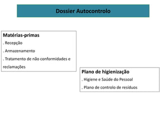Dossier Autocontrolo
Matérias-primas
. Recepção
. Armazenamento
. Tratamento de não conformidades e
reclamações
Plano de higienização
. Higiene e Saúde do Pessoal
. Plano de controlo de resíduos
 
