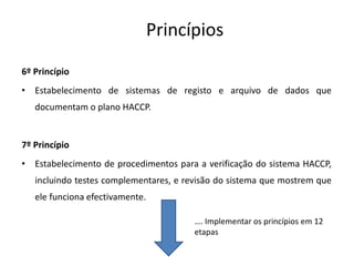 Princípios
6º Princípio
• Estabelecimento de sistemas de registo e arquivo de dados que
documentam o plano HACCP.
7º Princípio
• Estabelecimento de procedimentos para a verificação do sistema HACCP,
incluindo testes complementares, e revisão do sistema que mostrem que
ele funciona efectivamente.
…. Implementar os princípios em 12
etapas
 