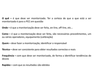O quê – é que deve ser monitorizado. Ter a certeza de que o que está a ser
monitorizado é para o PCC em questão
Onde – é que a monitorização deve ser feita, on-line, off-line, etc...
Como – é que a monitorização deve ser feita, são necessários procedimentos, um
ou vários operadores, equipamento (calibração)
Quem – deve fazer a monitorização, identificar o responsável
Técnica – deve ser consistente para obter resultados correctos e reais
Frequência – com que deve ser monitorizado, de forma a identificar tendências de
desvio
Rapidez – com que os resultados são obtidos
 