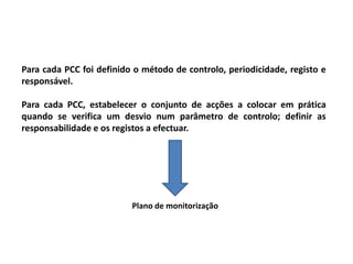 Para cada PCC foi definido o método de controlo, periodicidade, registo e
responsável.
Para cada PCC, estabelecer o conjunto de acções a colocar em prática
quando se verifica um desvio num parâmetro de controlo; definir as
responsabilidade e os registos a efectuar.
Plano de monitorização
 