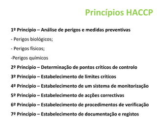 Princípios HACCP
1º Princípio – Análise de perigos e medidas preventivas
- Perigos biológicos;
- Perigos físicos;
-Perigos químicos
2º Princípio – Determinação de pontos críticos de controlo
3º Princípio – Estabelecimento de limites críticos
4º Princípio – Estabelecimento de um sistema de monitorização
5º Princípio – Estabelecimento de acções correctivas
6º Princípio – Estabelecimento de procedimentos de verificação
7º Princípio – Estabelecimento de documentação e registos
 
