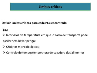 Limites críticos
Definir limites críticos para cada PCC encontrado
Ex.:
 Intervalos de temperatura em que o carro de transporte pode
oscilar sem haver perigo;
 Critérios microbiológicos;
 Controlo de tempo/temperatura de cozedura dos alimentos
 