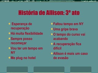 História de Allison: 3º ato Esperança de recuperação Há muita flexibilidade Sempre posso recomeçar Vou ter um tempo em NY Me plug no hotel Faltou tempo em NY Uma gripe brava  O tempo do curso vai acabando A recuperação fica difícil Allison é mais um caso de evasão 