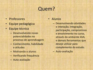 Quem?
• Professores                   • Alunos
• Equipe pedagógica               – Desenvolvendo atividades
                                    e interação, integração,
• Equipe técnica                    participação, compromisso
   – Desenvolvendo novas            e envolvimento no curso,
     potencialidades no             através do ambiente AVA,
     processo de aprendizagem       e demais ferramentas que
   – Conhecimento, habilidade       deseje utilizar para
     e atitudes                     complemento do estudo.
   – Motivando o alunos           – Auto-avaliação
   – Verificando frequência
   – Auto-avaliação
 