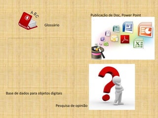 Publicação de Doc, Power Point

                        Glossário




Base de dados para objetos digitais


                              Pesquisa de opinião
 
