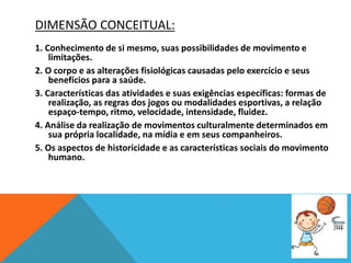 DIMENSÃO CONCEITUAL:
1. Conhecimento de si mesmo, suas possibilidades de movimento e
limitações.
2. O corpo e as alterações fisiológicas causadas pelo exercício e seus
benefícios para a saúde.
3. Características das atividades e suas exigências específicas: formas de
realização, as regras dos jogos ou modalidades esportivas, a relação
espaço-tempo, ritmo, velocidade, intensidade, fluidez.
4. Análise da realização de movimentos culturalmente determinados em
sua própria localidade, na mídia e em seus companheiros.
5. Os aspectos de historicidade e as características sociais do movimento
humano.
 