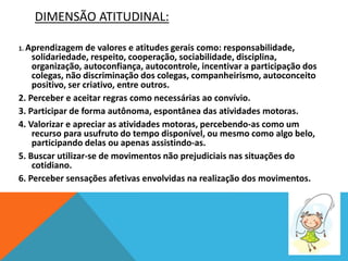 DIMENSÃO ATITUDINAL:
1. Aprendizagem de valores e atitudes gerais como: responsabilidade,
solidariedade, respeito, cooperação, sociabilidade, disciplina,
organização, autoconfiança, autocontrole, incentivar a participação dos
colegas, não discriminação dos colegas, companheirismo, autoconceito
positivo, ser criativo, entre outros.
2. Perceber e aceitar regras como necessárias ao convívio.
3. Participar de forma autônoma, espontânea das atividades motoras.
4. Valorizar e apreciar as atividades motoras, percebendo-as como um
recurso para usufruto do tempo disponível, ou mesmo como algo belo,
participando delas ou apenas assistindo-as.
5. Buscar utilizar-se de movimentos não prejudiciais nas situações do
cotidiano.
6. Perceber sensações afetivas envolvidas na realização dos movimentos.
 