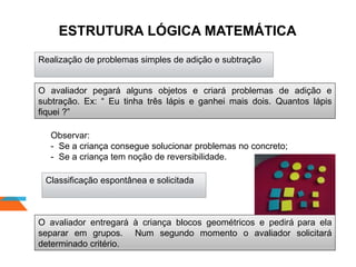 ESTRUTURA LÓGICA MATEMÁTICA
Realização de problemas simples de adição e subtração
O avaliador pegará alguns objetos e criará problemas de adição e
subtração. Ex: “ Eu tinha três lápis e ganhei mais dois. Quantos lápis
fiquei ?”
Observar:
- Se a criança consegue solucionar problemas no concreto;
- Se a criança tem noção de reversibilidade.
Classificação espontânea e solicitada
O avaliador entregará à criança blocos geométricos e pedirá para ela
separar em grupos. Num segundo momento o avaliador solicitará
determinado critério.
 