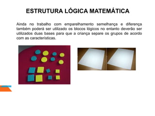 ESTRUTURA LÓGICA MATEMÁTICA
Ainda no trabalho com emparelhamento semelhança e diferença
também poderá ser utilizado os blocos lógicos no entanto deverão ser
utilizados duas bases para que a criança separe os grupos de acordo
com as características.
 