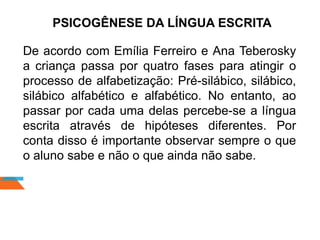 PSICOGÊNESE DA LÍNGUA ESCRITA
De acordo com Emília Ferreiro e Ana Teberosky
a criança passa por quatro fases para atingir o
processo de alfabetização: Pré-silábico, silábico,
silábico alfabético e alfabético. No entanto, ao
passar por cada uma delas percebe-se a língua
escrita através de hipóteses diferentes. Por
conta disso é importante observar sempre o que
o aluno sabe e não o que ainda não sabe.
 