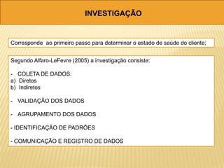 INVESTIGAÇÃO
Corresponde ao primeiro passo para determinar o estado de saúde do cliente;
Segundo Alfaro-LeFevre (2005) a investigação consiste:
- COLETA DE DADOS:
a) Diretos
b) Indiretos
- VALIDAÇÃO DOS DADOS
- AGRUPAMENTO DOS DADOS
- IDENTIFICAÇÃO DE PADRÕES
- COMUNICAÇÃO E REGISTRO DE DADOS
 