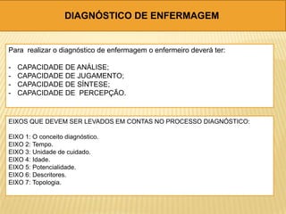 DIAGNÓSTICO DE ENFERMAGEM
Para realizar o diagnóstico de enfermagem o enfermeiro deverá ter:
- CAPACIDADE DE ANÁLISE;
- CAPACIDADE DE JUGAMENTO;
- CAPACIDADE DE SÍNTESE;
- CAPACIDADE DE PERCEPÇÃO.
EIXOS QUE DEVEM SER LEVADOS EM CONTAS NO PROCESSO DIAGNÓSTICO:
EIXO 1: O conceito diagnóstico.
EIXO 2: Tempo.
EIXO 3: Unidade de cuidado.
EIXO 4: Idade.
EIXO 5: Potencialidade.
EIXO 6: Descritores.
EIXO 7: Topologia.
 