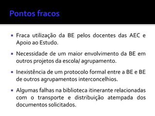  Fraca utilização da BE pelos docentes das AEC e
Apoio ao Estudo.
 Necessidade de um maior envolvimento da BE em
outros projetos da escola/ agrupamento.
 Inexistência de um protocolo formal entre a BE e BE
de outros agrupamentos interconcelhios.
 Algumas falhas na biblioteca itinerante relacionadas
com o transporte e distribuição atempada dos
documentos solicitados.
 