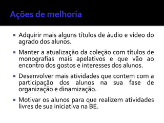  Adquirir mais alguns títulos de áudio e vídeo do
agrado dos alunos.
 Manter a atualização da coleção com títulos de
monografias mais apelativos e que vão ao
encontro dos gostos e interesses dos alunos.
 Desenvolver mais atividades que contem com a
participação dos alunos na sua fase de
organização e dinamização.
 Motivar os alunos para que realizem atividades
livres de sua iniciativa na BE.
 