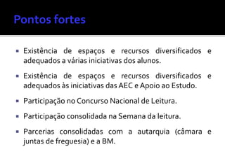  Existência de espaços e recursos diversificados e
adequados a várias iniciativas dos alunos.
 Existência de espaços e recursos diversificados e
adequados às iniciativas das AEC e Apoio ao Estudo.
 Participação no Concurso Nacional de Leitura.
 Participação consolidada na Semana da leitura.
 Parcerias consolidadas com a autarquia (câmara e
juntas de freguesia) e a BM.
 