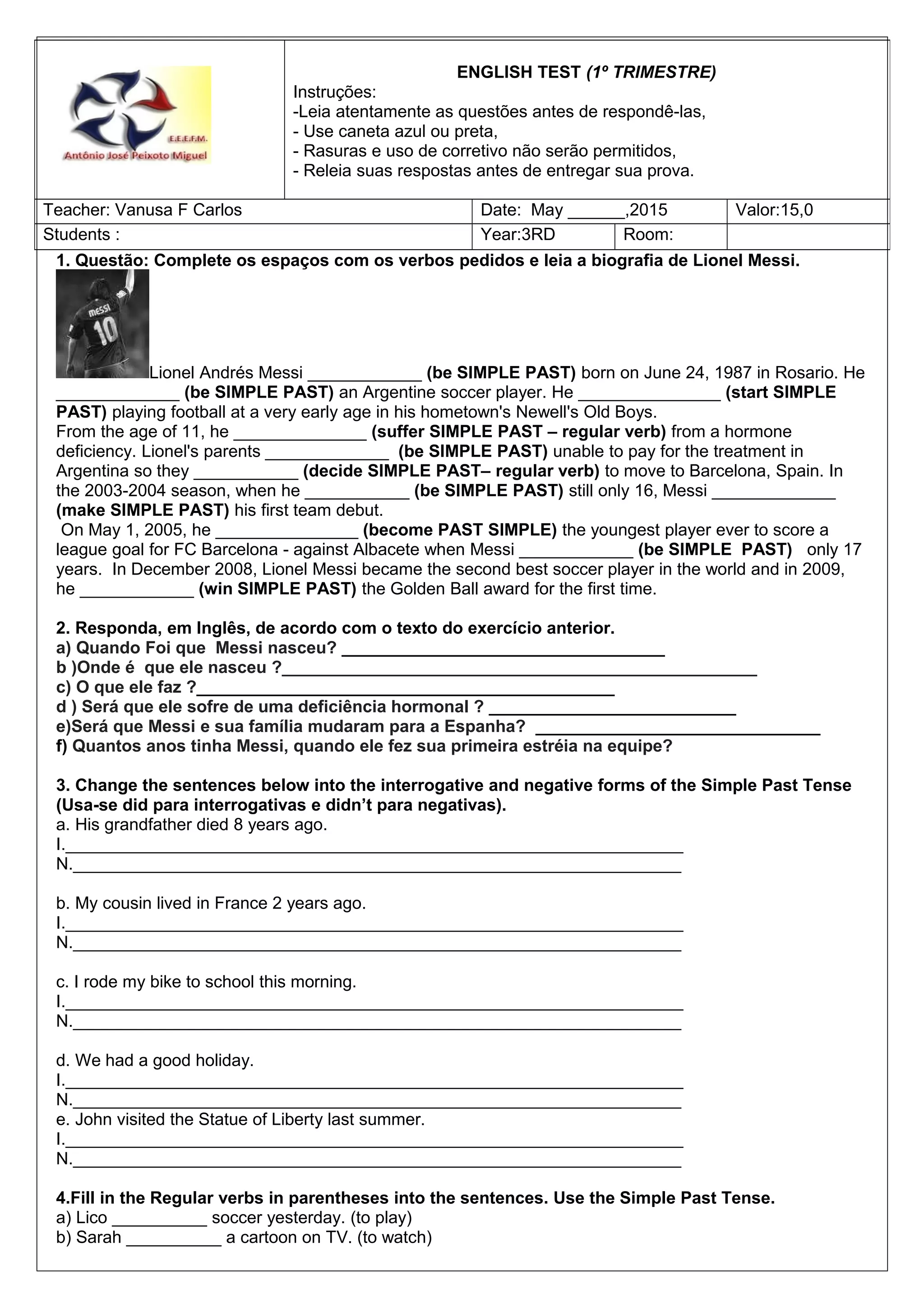 Avaliação final de english 3ªth | DOC