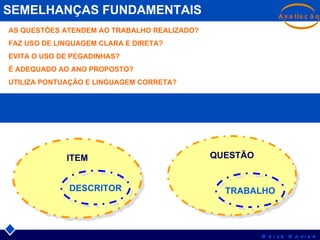 QUESTÃO ITEM DESCRITOR TRABALHO SEMELHANÇAS FUNDAMENTAIS AS QUESTÕES ATENDEM AO TRABALHO REALIZADO? FAZ USO DE LINGUAGEM CLARA E DIRETA? EVITA O USO DE PEGADINHAS? É ADEQUADO AO ANO PROPOSTO? UTILIZA PONTUAÇÃO E LINGUAGEM CORRETA? 