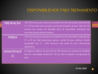 PREVENÇÃO 150-250 minutos por semana de atividade física de intensidade moderada (de
21’ a 36’ por dia) está associada à prevenção de ganho de peso. Mais de 150
minutos por semana de atividade física de intensidade moderada está
associadaàperdadepesomodesta.
PERDA 150-250 minutos por semana de atividade física de intensidade moderada (de
21’ a 36’ por dia) proporciona apenas a perda de peso modesta. Grande
quantidade (isto é, > 250) fornecem uma perda de peso clinicamente
significativo.
MANUTENÇÃ
O
Há alguma evidência de que mais de 250 minutos por semana de atividade
física de intensidade moderada (> 36’ por dia) irá impedir a recuperação do
peso.
DISPONIBILIDADEPARA TREINAMENTO
ACSM;2009
 