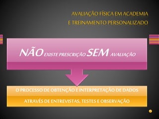 O PROCESSO DE OBTENÇÃO E INTERPRETAÇÃO DE DADOS
ATRAVÉS DE ENTREVISTAS, TESTES E OBSERVAÇÃO
NÃOEXISTEPRESCRIÇÃO SEMAVALIAÇÃO
AVALIAÇÃO FÍSICA EM ACADEMIA
E TREINAMENTO PERSONALIZADO
 