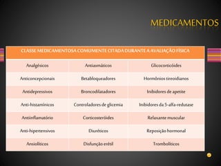 CLASSEMEDICAMENTOSACOMUMENTECITADADURANTEA AVALIAÇÃOFÍSICA
Analgésicos Antiasmáticos Glicocorticóides
Anticoncepcionais Betabloqueadores Hormôniostireoidianos
Antidepressivos Broncodilatadores Inibidoresdeapetite
Anti-histamínicos Controladoresdeglicemia Inibidoresda5-alfa-redutase
Antiinflamatório Corticosteróides Relaxantemuscular
Anti-hipertensivos Diuréticos Reposiçãohormonal
Ansiolíticos Disfunçãoerétil Trombolíticos
MEDICAMENTOS
 