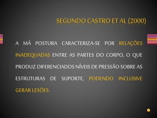SEGUNDOCASTRO ET AL (2000)
A MÁ POSTURA CARACTERIZA-SE POR RELAÇÕES
INADEQUADAS ENTRE AS PARTES DO CORPO, O QUE
PRODUZDIFERENCIADOSNÍVEIS DE PRESSÃOSOBRE AS
ESTRUTURAS DE SUPORTE, PODENDO INCLUSIVE
GERAR LESÕES.
 