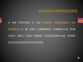 SEGUNDOVERDERI(2005)
A MÁ POSTURA É UM HÁBITO ADQUIRIDO NA
INFÂNCIA E, SE NÃO CORRIGIDO, CARREGA-SE POR
TODA VIDA, COM VÁRIAS CONSEQÜÊNCIAS, ENTRE
ELAS OS DESVIOS POSTURAIS.
 