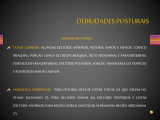DEBILIDADES POSTURAIS
HIPERCIFOSEDORSAL
COMO CORRIGIR: ALONGAR DELTÓIDE ANTERIOR, PEITORAL MAIOR E MENOR, CÓRACO
BRAQUIAL, PORÇÃO LONGA DO BICEPS BRAQUIAL, RETO ABDOMINAL E PARAVERTEBRAIS;
FORTALECER PARAVERTEBRAIS, DELTÓIDE POSTERIOR, PORÇÃO TRANSVERSA DO TRAPÉZIO
EROMBÓIDESMAIORE MENOR.
EXERCÍCIOS CORRETIVOS: PARA PEITORAL DEVE-SE EVITAR TODOS OS QUE ATUEM NO
PLANO INCLINADO (?); PARA DELTÓIDE ENFASE EM DELTÓIDE POSTERIOR E EVITAR
DELTÓIDE ANTERIOR; PARA REGIÃO DORSAL ENFATIZAR AS REMADAS; REGIÃO ABDOMINAL
(?)
 