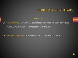 DEBILIDADES POSTURAIS
GENOFLEXO
COMO CORRIGIR: ALONGAR A MUSCULATURA POSTERIOR DA COXA, FORTALECER A
MUSCULATURAANTERIOREANDARSOBREOSCALCANHARES.
EXERCÍCIOSCORRETIVOS:CADEIRAEXTENSORA,AGACHAMENTO,LEGPRESS.
 