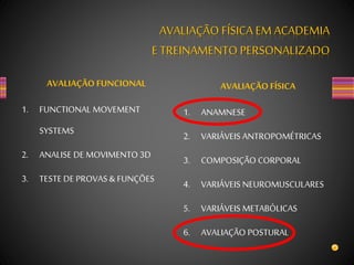 AVALIAÇÃO FÍSICA EM ACADEMIA
E TREINAMENTO PERSONALIZADO
AVALIAÇÃO FUNCIONAL
1. FUNCTIONAL MOVEMENT
SYSTEMS
2. ANALISE DE MOVIMENTO 3D
3. TESTE DE PROVAS & FUNÇÕES
AVALIAÇÃO FÍSICA
1. ANAMNESE
2. VARIÁVEIS ANTROPOMÉTRICAS
3. COMPOSIÇÃO CORPORAL
4. VARIÁVEIS NEUROMUSCULARES
5. VARIÁVEIS METABÓLICAS
6. AVALIAÇÃO POSTURAL
 