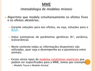 MME
(metodologia de modelos mistos)
 Algoritmo que modela simultaneamente os efeitos fixos
e os efeitos aleatórios;
 Garante soluções para tais efeitos, ou seja, soluções para o
BLUP;
 Induz estimativas de parâmetros genéticos (h², variância,
(co)variância);
 Neste contexto todas as informações disponíveis são
utilizadas, quer seja o desempenho ou o parentesco entre
animais;
 Existe vários tipos de modelos estatísticos matriciais que
podem ser especificados para a MME, temos por exemplo:
 Modelo Touro e Modelo Animal
 