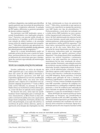 S 10
J Bras Pneumol. 2005;31(Supl 2):S9-S12
confirmar o diagnóstico, mas também para identificar
aqueles pacientes que necessitam de procedimentos
diagnósticos e terapêuticos adicionais. A avaliação
da PCP ajuda a diferenciar os pacientes portadores
de doença cardíaca esquerda.(1)
Nos pacientes com HAP moderada a grave, o
estudo hemodinâmico tem implicações prognós-
ticas.(3)
Pacientes com pressão média elevada no
átrio direito (> 12 mmHg) e na AP (> 65 mmHg) e
com redução do débito cardíaco e da saturação
venosa mista de oxigênio possuem pior prognós-
tico.(3-4)
Além disto, pacientes que apresentam res-
posta favorável ao teste de reatividade vascular pulmonar
(ver abaixo) possuem melhor prognóstico.(5-7)
Apesar de o estudo hemodinâmico poder ser
realizado na beira do leito com o cateter de Swan-
Ganz, preferencialmente deve-se levar o paciente
ao laboratório de cateterismo para que a manipu-
lação dos cateteres seja realizada sob monitoração
fluoroscópica.
TESTE DA VASODILATAÇÃO PULMONAR
Estudos publicados no início da década de
1990 sugeriram que o uso crônico dos bloquea-
dores dos canais de cálcio (BCCa) aumentava a
sobrevida daqueles pacientes com HAP que
respondiam agudamente ao teste da vasodilatação
pulmonar.(5)
Desde então, este teste vem sendo
aplicado com o objetivo de se identificar este im-
portante subgrupo de pacientes.(6-7)
Como os BCCa
estão contra-indicados na presença de instabi-
lidade clínica ou insuficiência cardíaca direita gra-
ve, o teste não deve ser aplicado nestas situações.(2)
No decorrer dos anos, vários tipos de vasodi-
latadores foram empregados para a realização do
teste. Classicamente, os BCCa foram os mais utili-
zados e serviram de padrão ouro com o qual outras
drogas foram comparadas. Entretanto, devido à sua
meia-vida prolongada, à sua ação não seletiva e à
ocorrência de graves efeitos adversos, apenas os
agentes de curta duração são empregados nos dias
de hoje, minimizando os riscos em potencial do
teste.(1-2)
Além disto, recomenda-se que apenas os
centros com experiência no manejo dos pacientes
com HAP façam este tipo de procedimento.(1-2)
Preferencialmente, o teste deve ser realizado com
o óxido nítrico (NO) inalatório ou com a prosta-
ciclina (epopostrenol) endovenosa.(2)
O NO inala-
tório é de fácil administração (via máscara facial),
tem custo limitado e possui ação seletiva na vas-
culatura pulmonar, sendo provavelmente o agente
que apresenta o melhor perfil de segurança.(8)
Em
nosso meio, a prostaciclina venosa é pouco utili-
zada por ser de alto custo. Além disto, tem o
potencial de causar hipotensão arterial sistêmica.
A adenosina endovenosa pode ser empregada
quando nenhum dos agentes anteriores estiver
disponível.(2)
Esta droga possui efeito vasodilatador
potente nas artérias coronárias e pulmonares
devido a sua ação específica nos receptores da
musculatura lisa do vaso, resultando em relaxa-
mento vascular. Entretanto, uma redução excessiva
da resistência vascular sistêmica também pode ser
observada, levando a hipotensão arterial. As dosa-
gens, a via de administração, a duração e a meia-
vida destes agentes estão expostas na Tabela 1.(1)
O teste é bem descrito e conhecido em pacientes
com HAP idiopática. Nestes pacientes, o nível de
evidência para aplicação do teste é razoável, o
benefício é significativo e o grau de recomendação
é nível A.(2)
O teste é menos estudado em pacientes
com HAP associada a doenças do colágeno (ex:
esclerodermia) ou a cardiopatias congênitas. Nestes
pacientes, o nível de evidência para aplicação do
teste é baseado em opiniões de peritos, o benefício
é pequeno e o grau de recomendação é nível C.(2)
Várias definições de resposta positiva já foram
empregadas na literatura, ora considerando-se
apenas a pressão na AP, ora a RVP, ora ambas. Tais
diferenças foram responsáveis por dificuldades na
avaliação sistemática dos resultados do teste nas
diversas séries existentes na literatura. Apesar de a
definição precisa de uma resposta favorável ainda
TABELA 1
Drogas utilizadas nos testes de reatividade vascular pulmonar
Droga Via Meia-vida Doses Incrementos Duração
Epoprostenol EV 3 min 2-12 ng/kg/min 2 ng/kg/min 10 min
Adenosina EV 5-10 seg 50-350 mg/kg/min 50 mg/kg/min 2 min
Óxido nítrico Inalatória 15-30 seg 10-20 ppm —- 5-10 min
Ev: endovenosa.
 