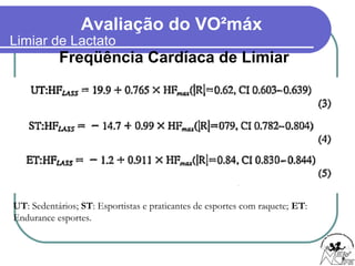 Avaliação do VO²máx
Freqüência Cardíaca de Limiar
UT: Sedentários; ST: Esportistas e praticantes de esportes com raquete; ET:
Endurance esportes.
Limiar de Lactato
 